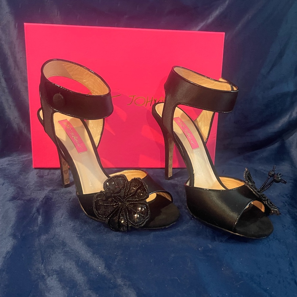 Betsey Johnson black satin open-toe sandals with 3D sequin flowers